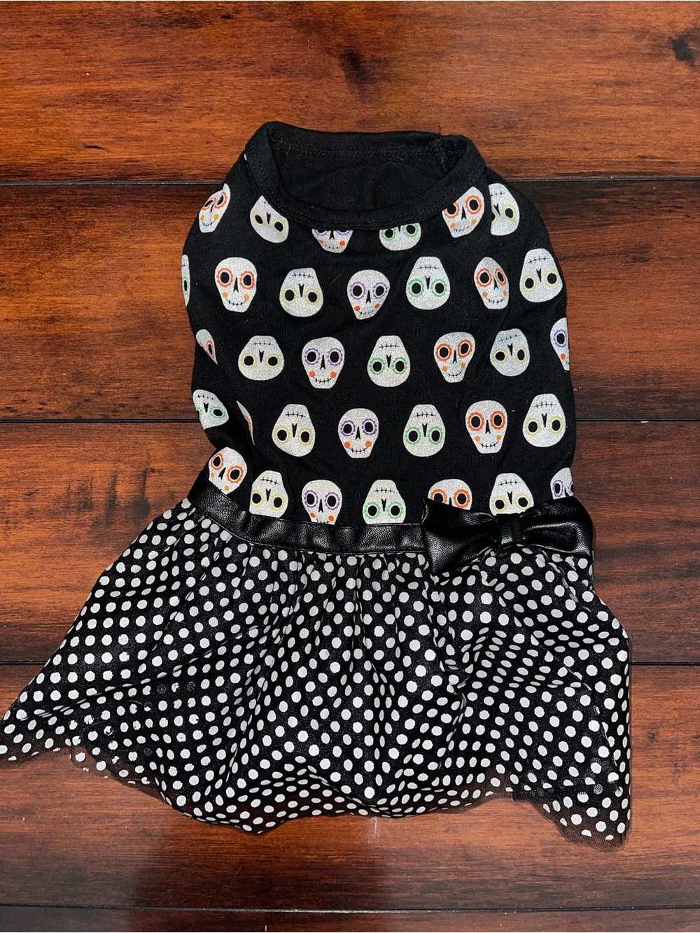 Small Black Skull Print Polka Dot Dog Dress